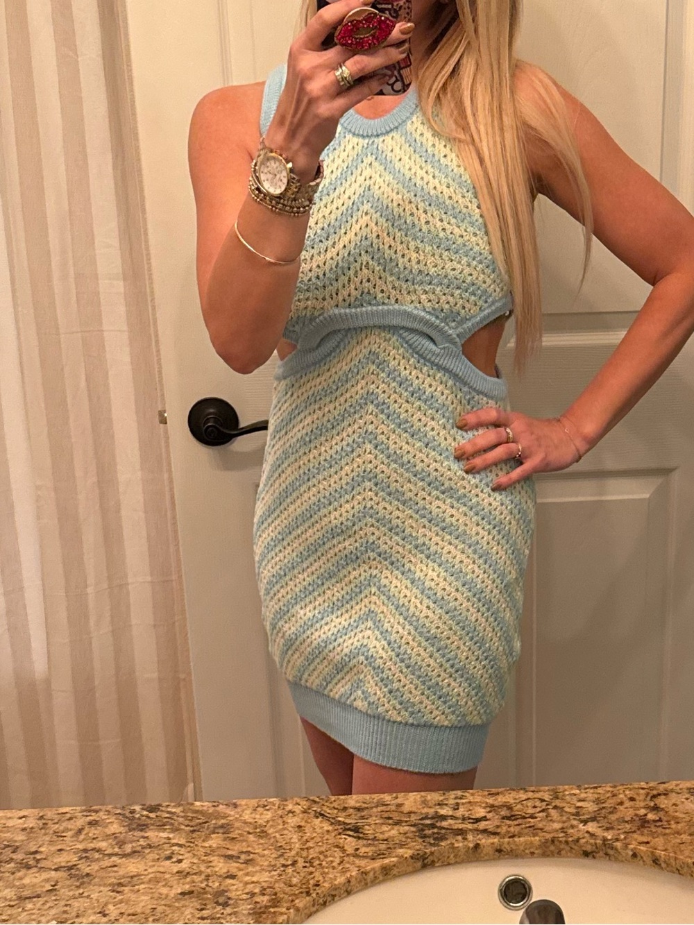 For Love And Lemons Blue and Cream Chevron Knit Mini Dress - Picture 3 of 3